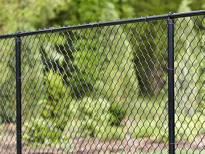 Behind the chain link fence, there are some trees in the far distance.