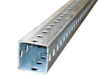 a galvanized square post with consisting holes on its four sides