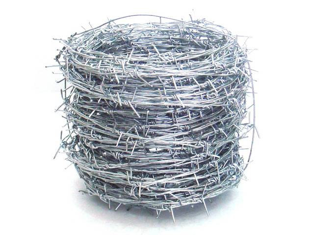 A coil of barbed wire is displayed.